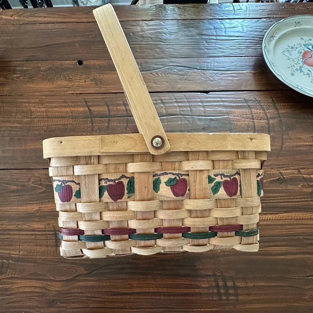 Vintage Woven Wood Splint Apple Basket Farmhouse Decor Swing Handle Rectangular